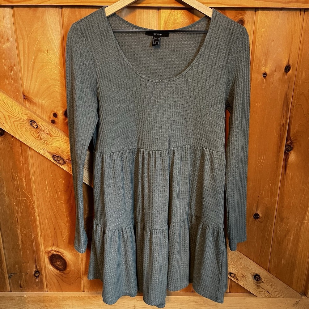 Forever 21 Tiered Waffle Knit Mini Dress Large (fit-Women's Medium) Sage Green